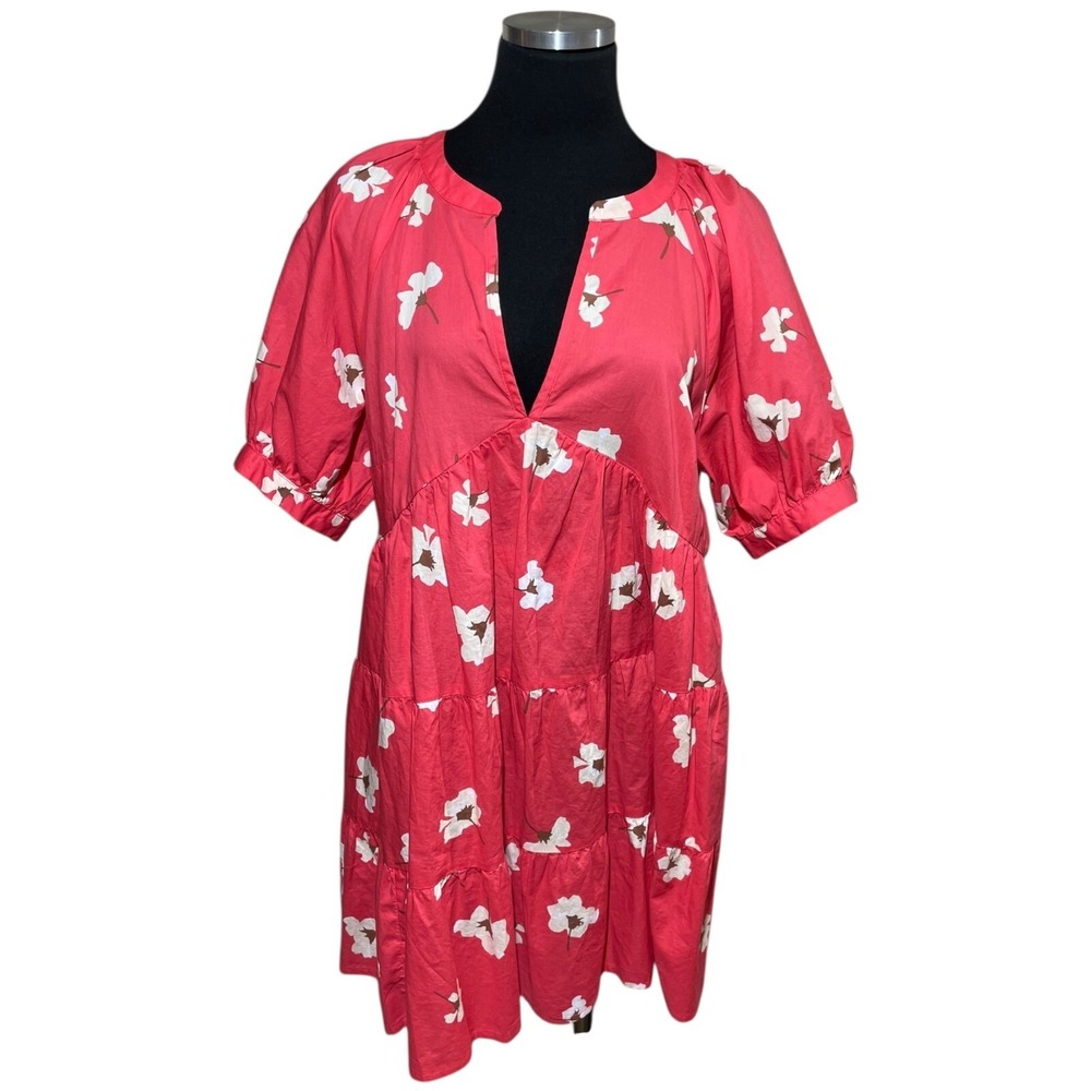 Universal Thread Puff Sleeve Floral Tiered Babydoll Dress Sz L Coral Beach Boho - Picture 1 of 14